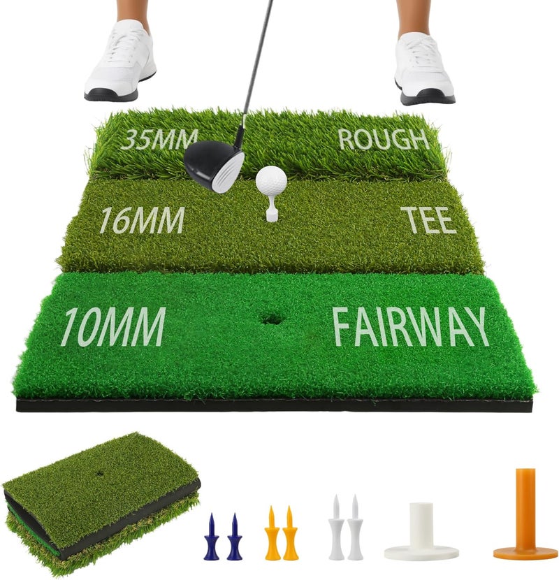 jkwokback 3-in-1 Golf Hitting Mat | Turf Golf Practice Mat for Swing, Putting & Chipping | Portable Golf Mats Practice Indoor/Outdoor Golf Hitting Mat with 8 Tees Golf Training Mat - Image 1